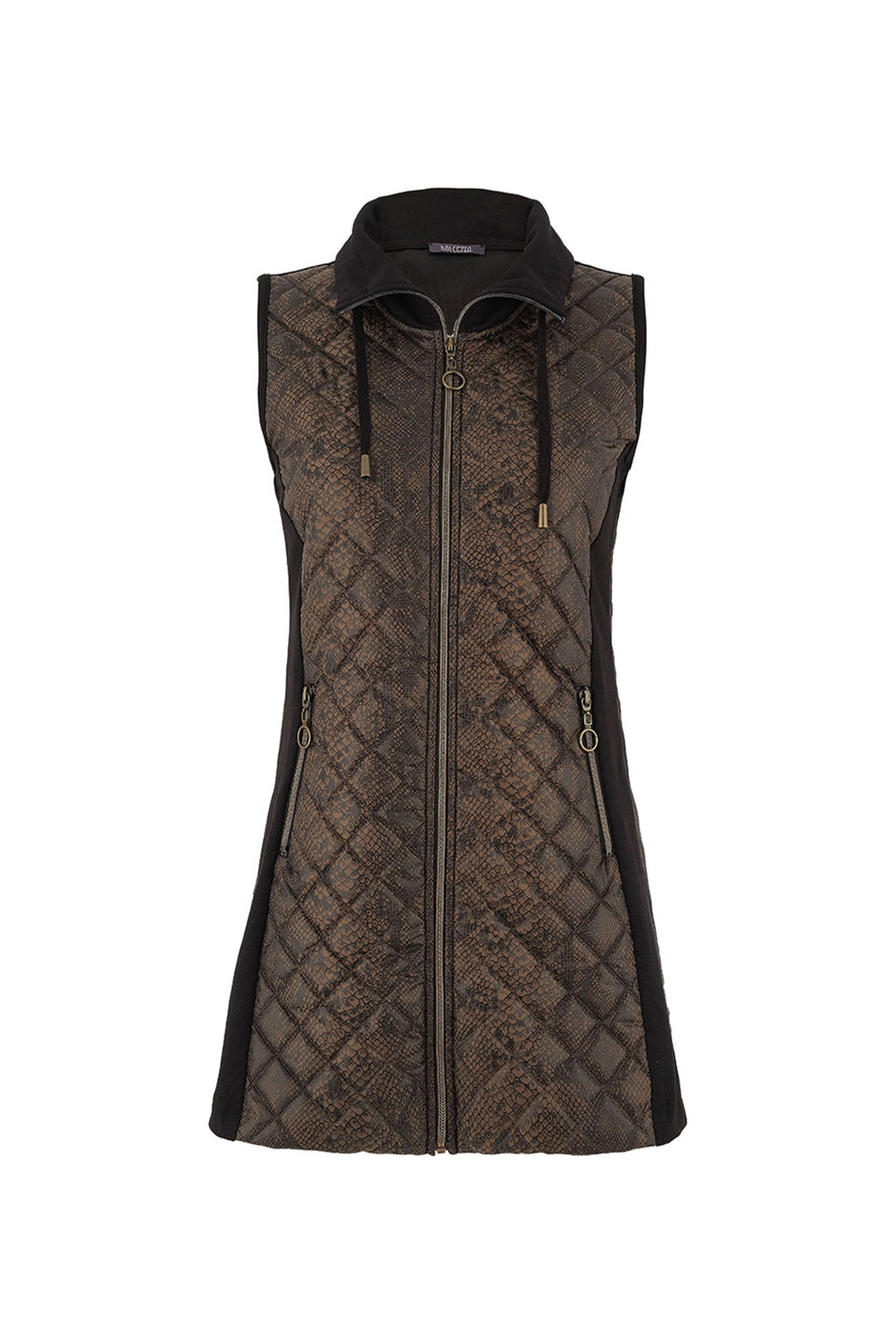 Dolcezza Fall 2025 
This quilted matte long vest comes in black and a contrast front snake print, featuring a high contrast collar with drawstring, front zipper closure, side zip pockets and with a fitted silhouette overall.