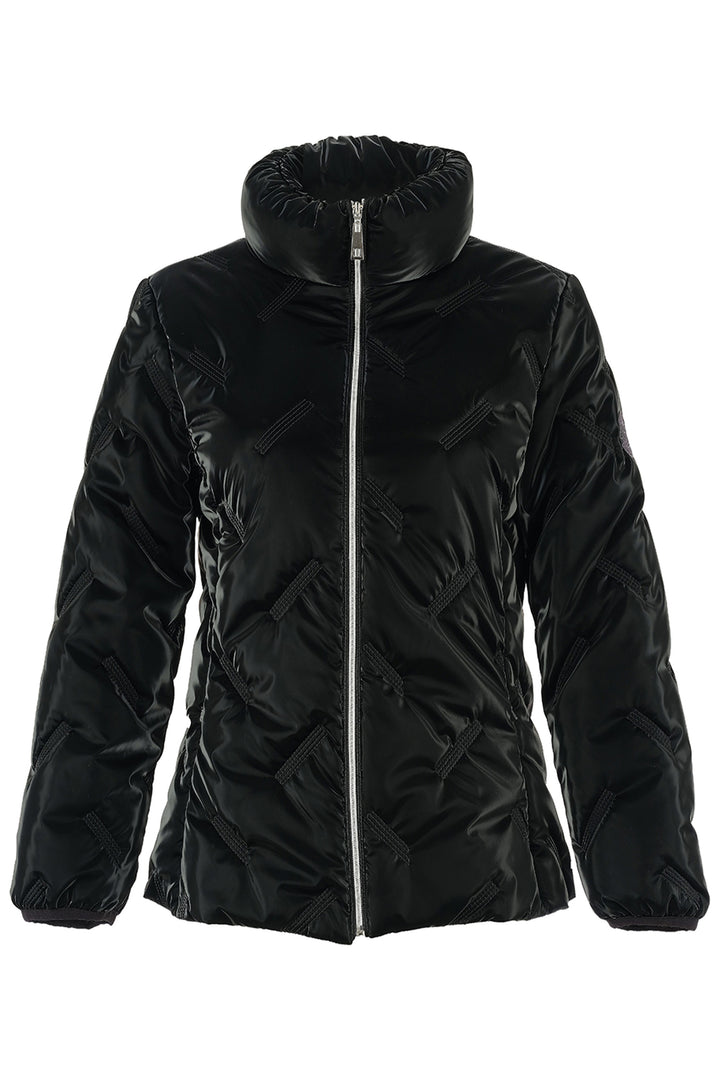 Black quilted jacket on a white background