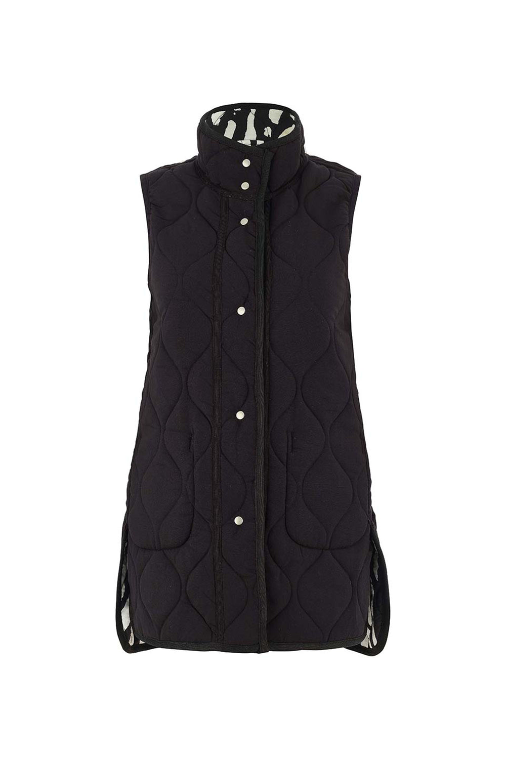 Black quilted vest with button details on a white background