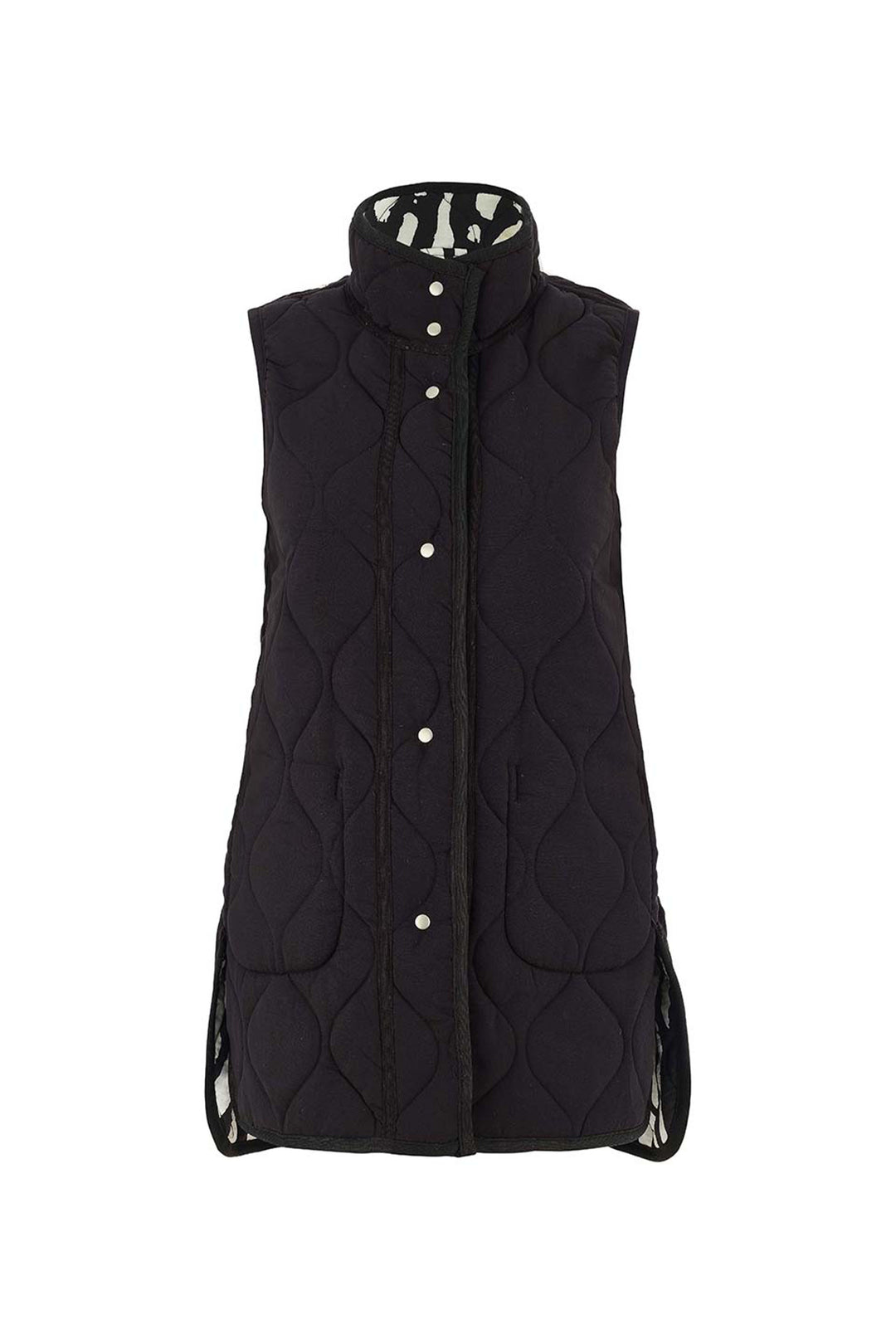 Black quilted vest with button details on a white background
