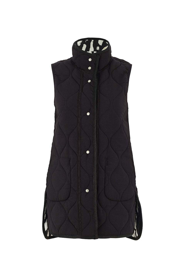 Black quilted vest with button details on a white background