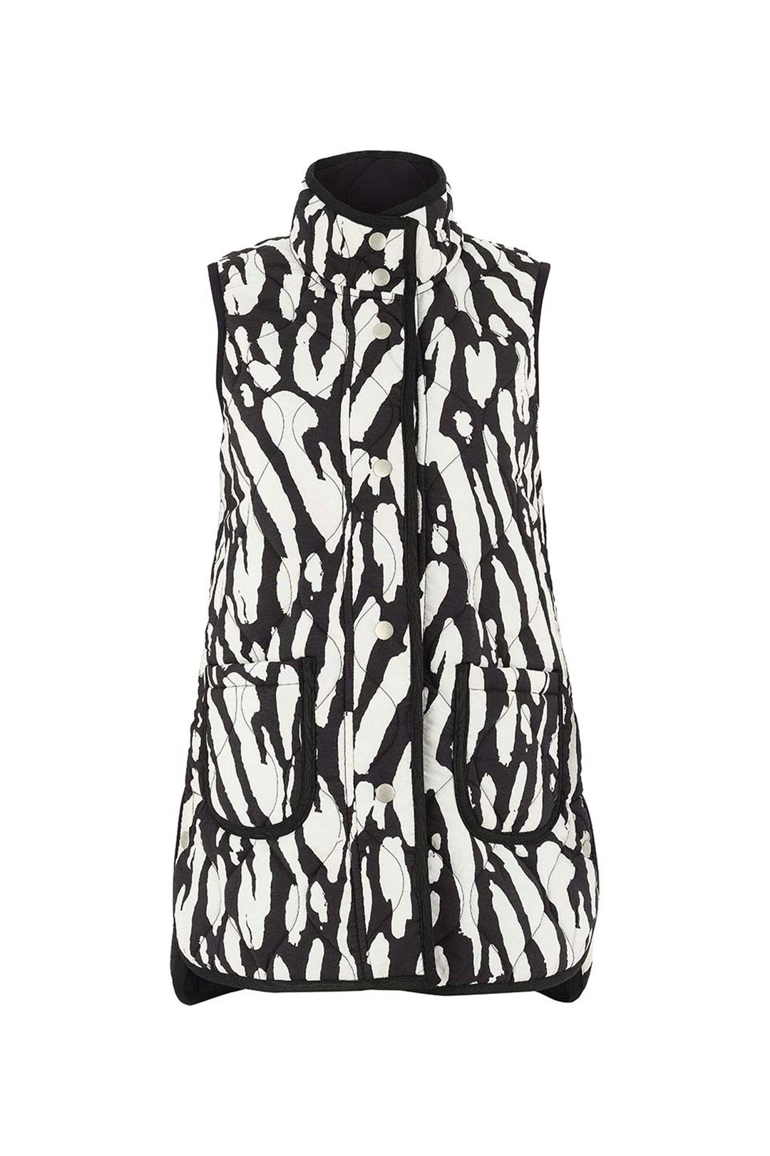 Black and white quilted vest with button details on a white background