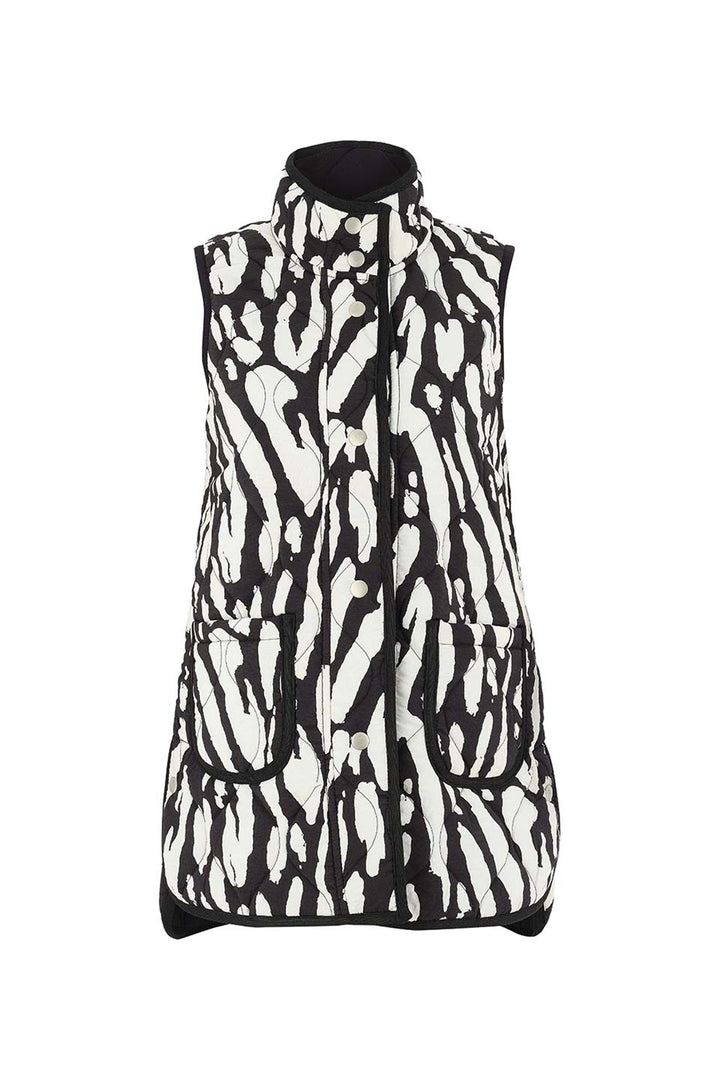 Black and white quilted vest with button details on a white background