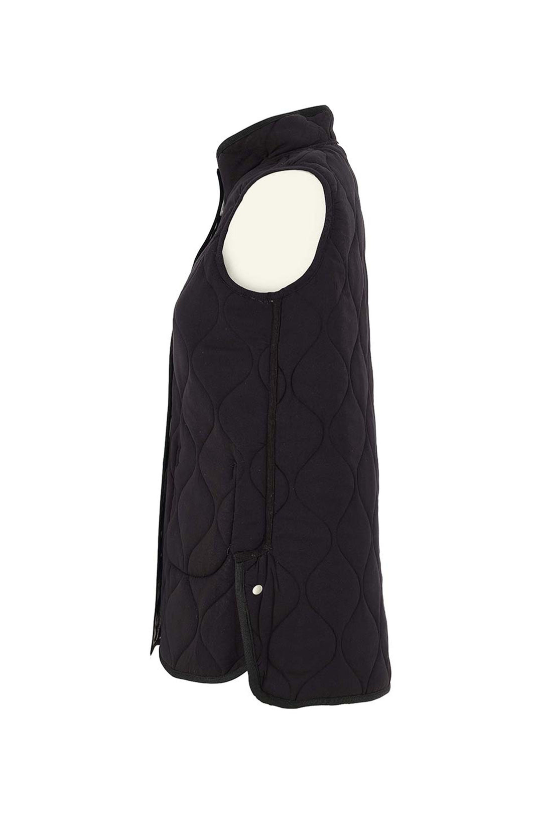 Black quilted vest with a white face design on a white background