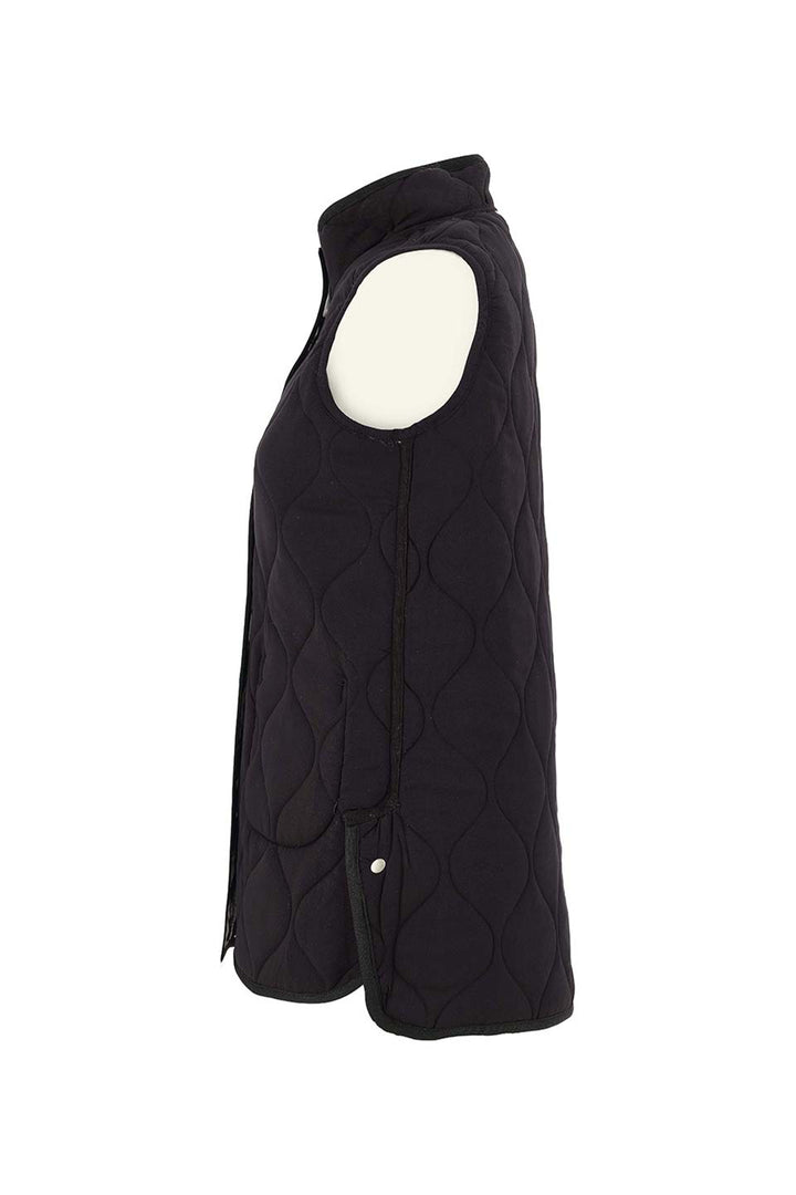 Black quilted vest with a white face design on a white background