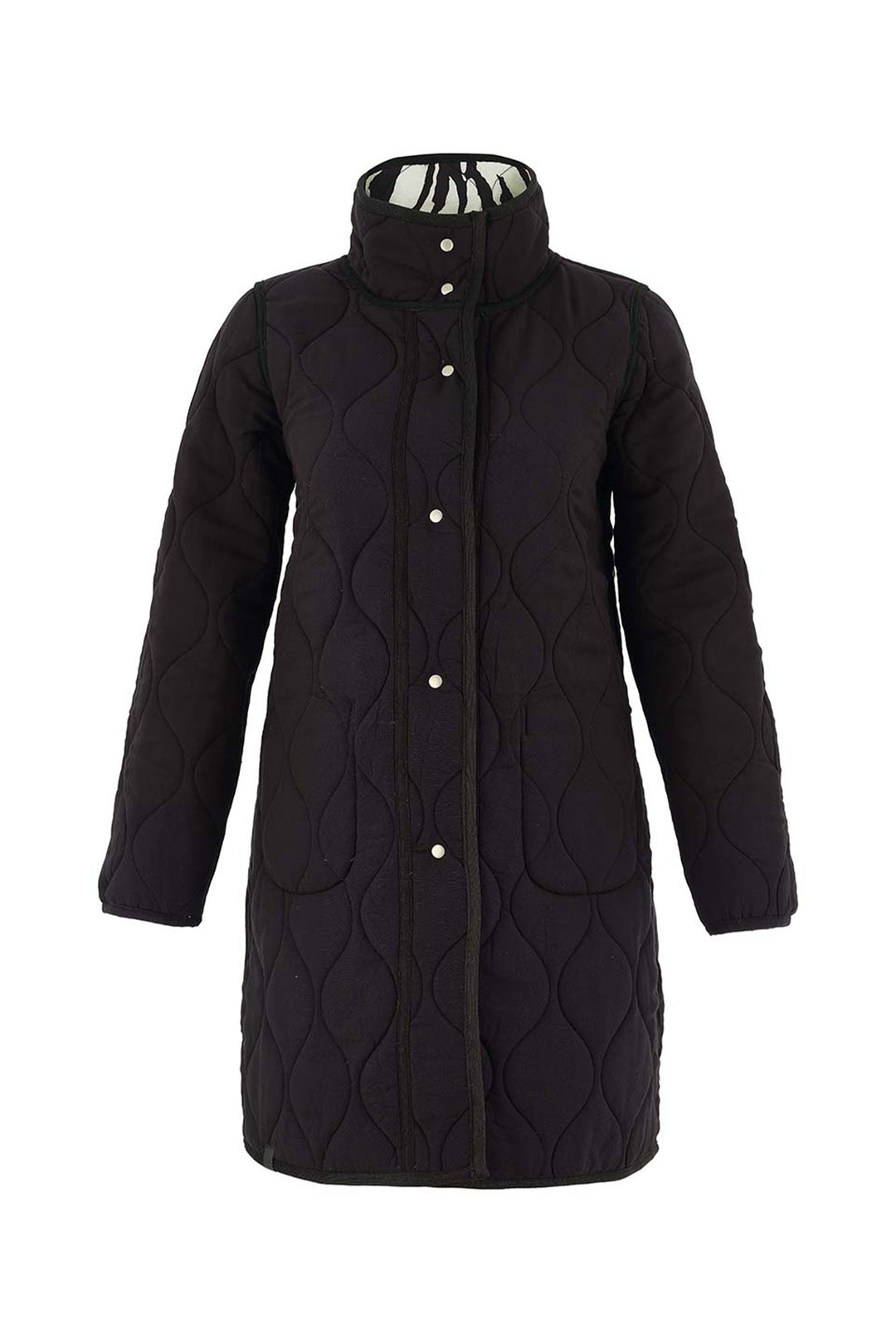Black quilted coat with white buttons on a white background