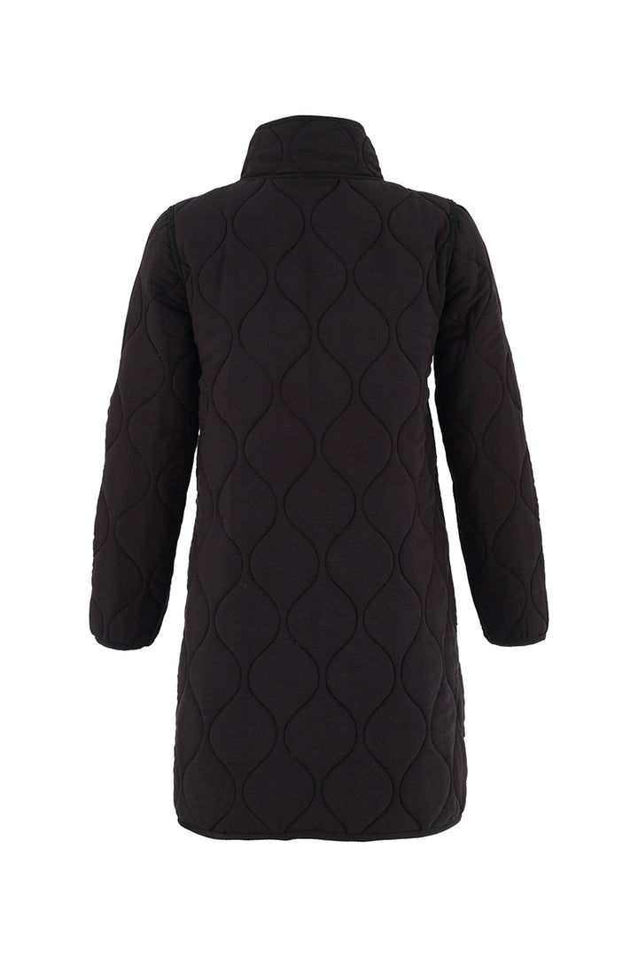 Black quilted coat on a white background