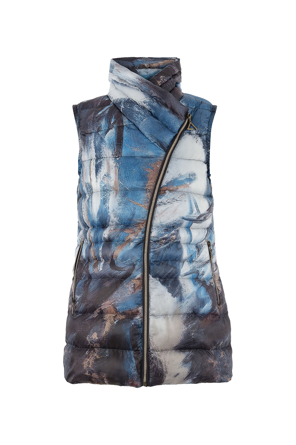 Multicolored puffer vest with a zipper on a white background