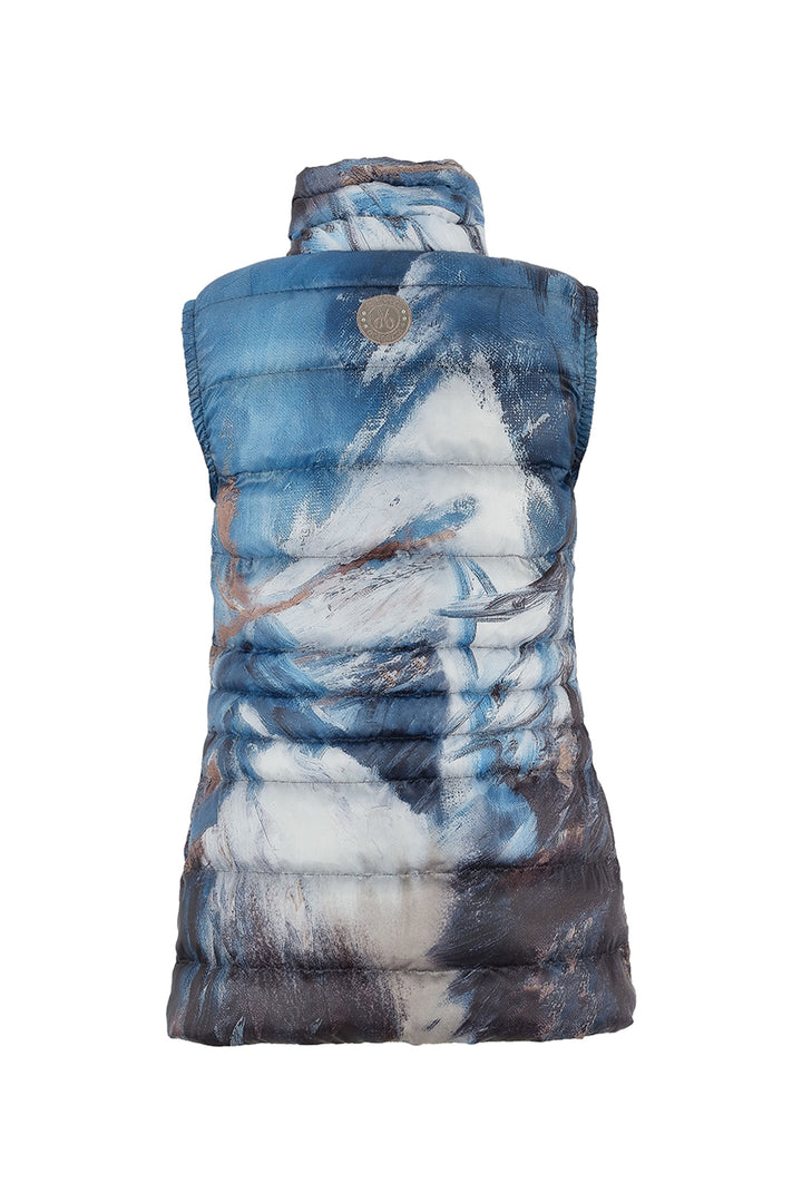 Blue and white patterned puffer vest on a white background