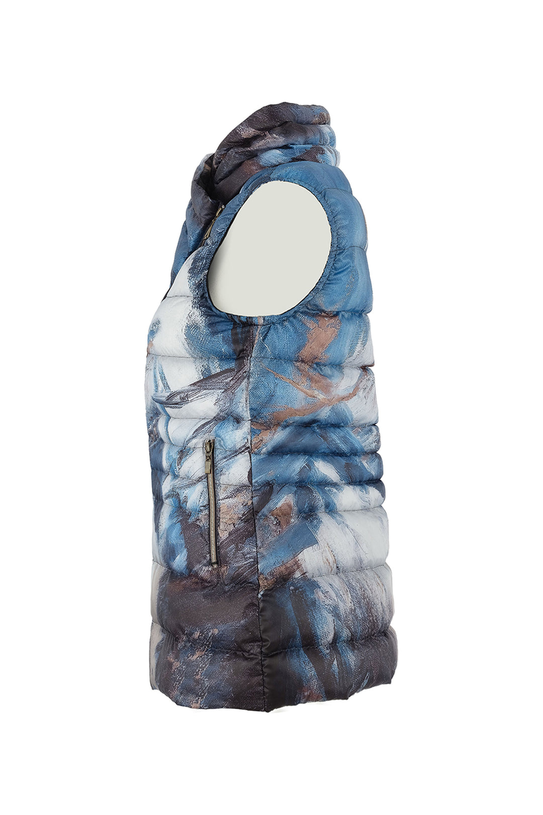 Patterned puffer vest on a white background