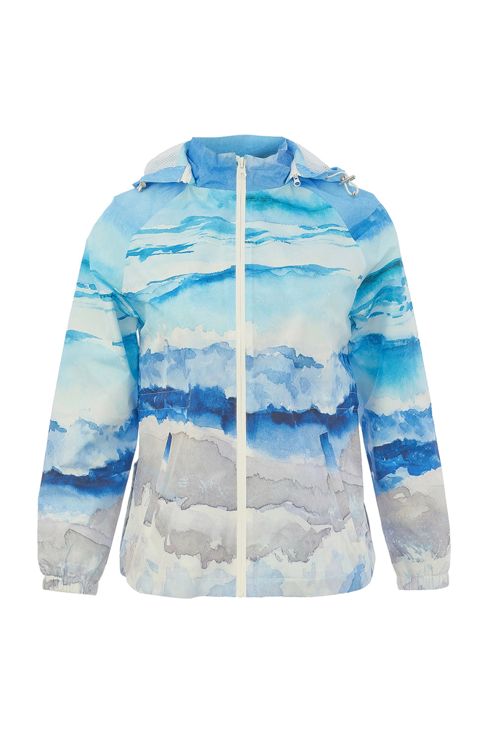 Blue and white cloud-patterned jacket on a white background