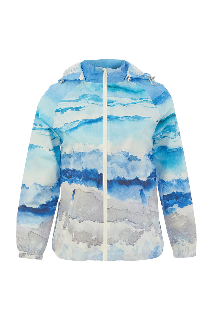 Blue and white cloud-patterned jacket on a white background