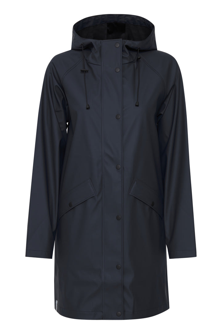 Navy raincoat with a hood on a white background