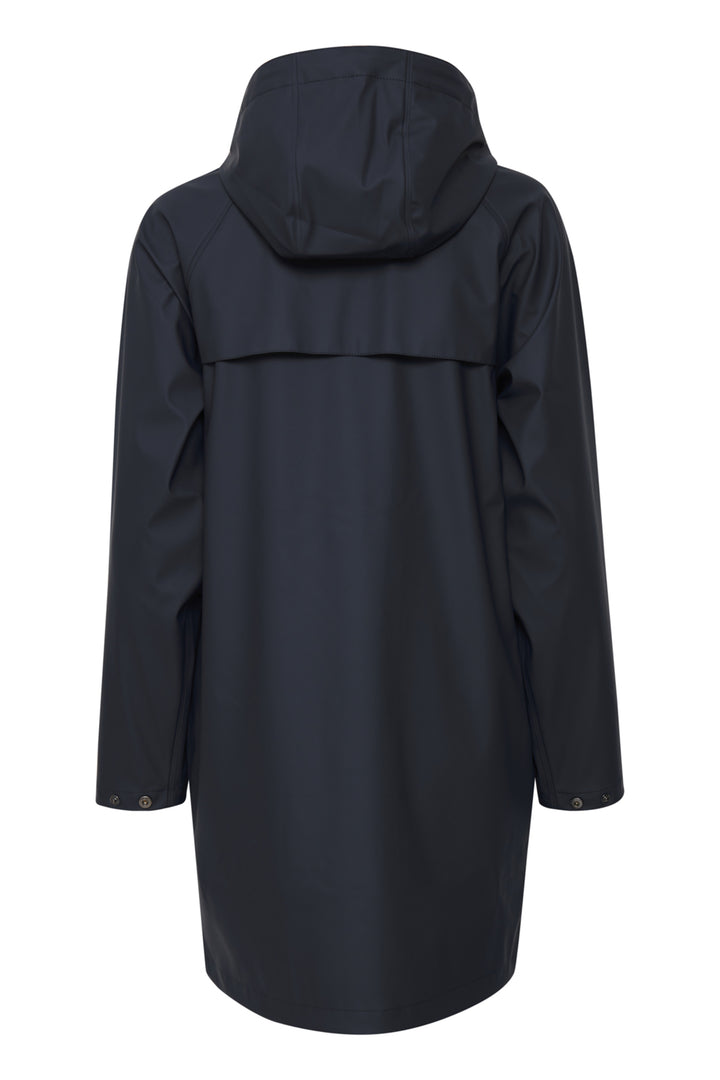 Navy raincoat with a hood on a white background