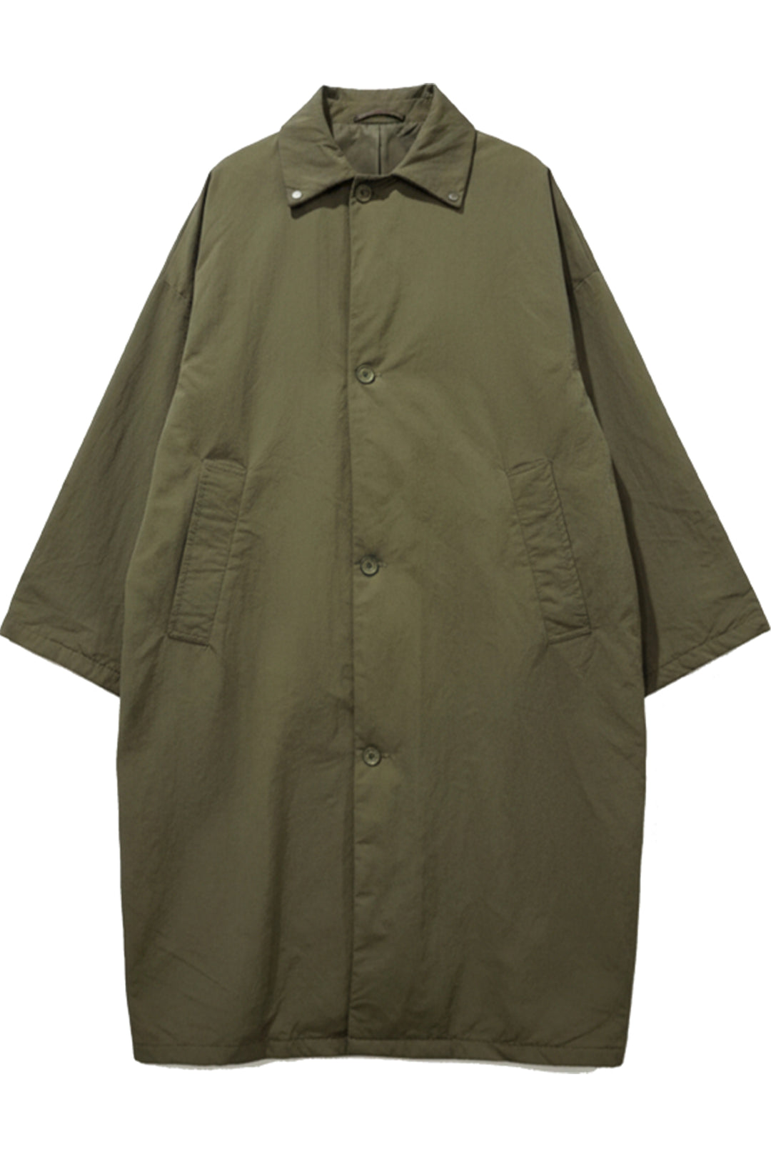 An olive green military-style coat with a wide collar, front button closure, and large front patch pockets, shown flat against a plain white background.