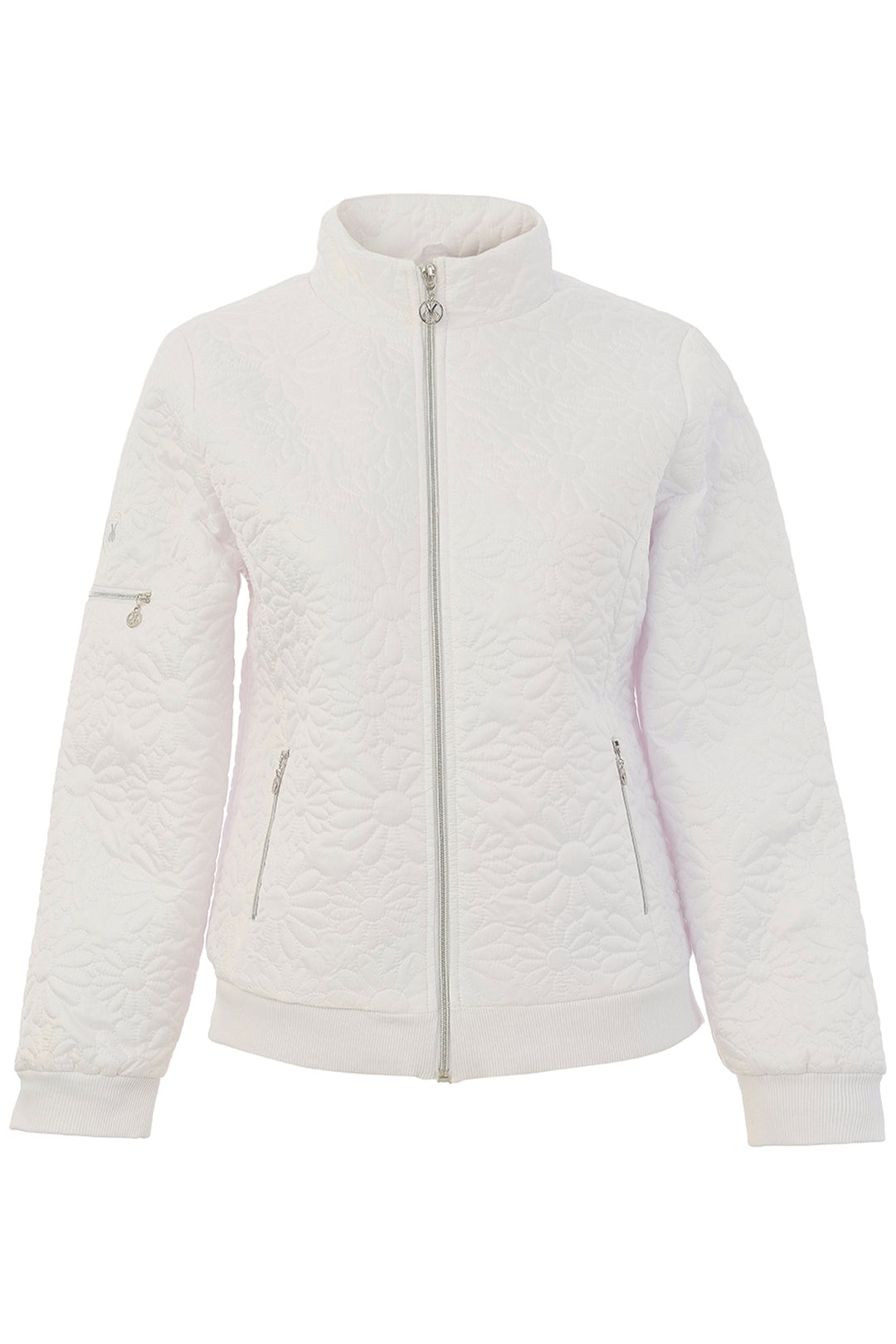 A white quilted zip-up jacket with a stand-up collar, ribbed cuffs and hem, and zippered hand pockets, shown against a plain white background.