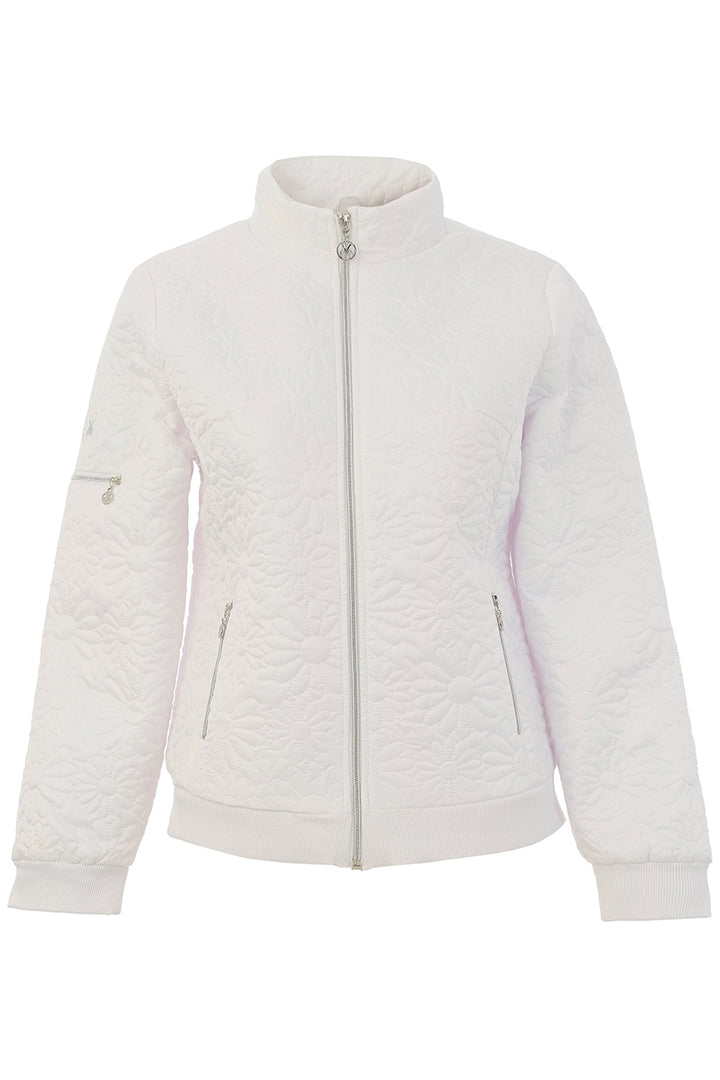 A white quilted zip-up jacket with a stand-up collar, ribbed cuffs and hem, and zippered hand pockets, shown against a plain white background.