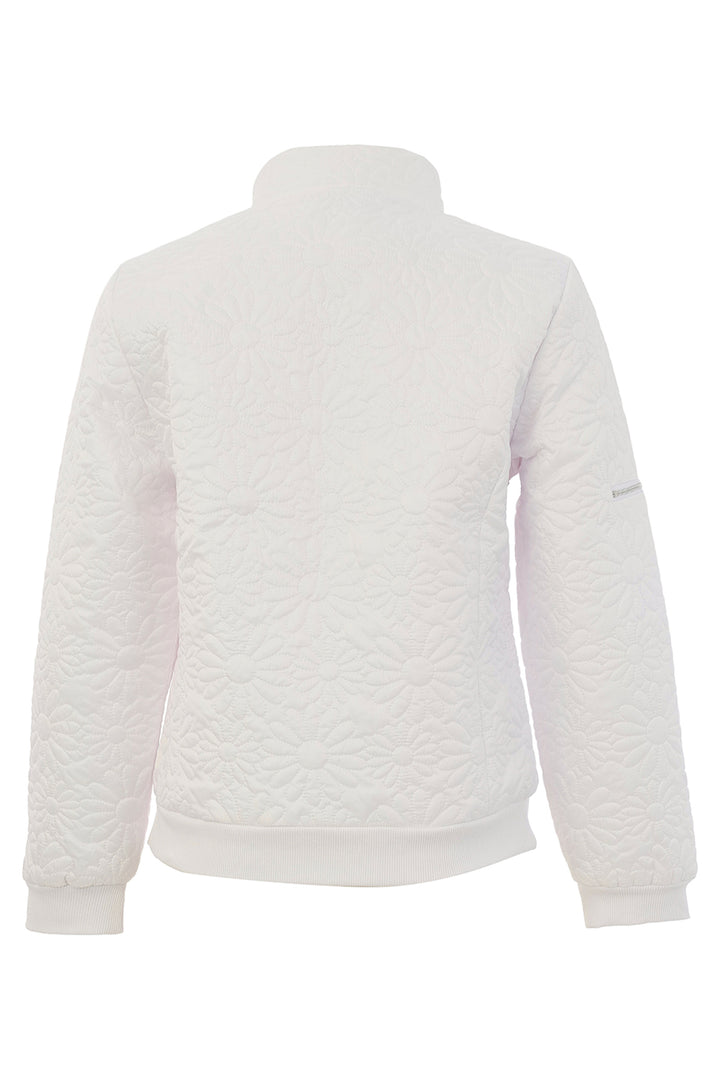 A white quilted jacket with a stand-up collar, shown from the back against a plain white background.