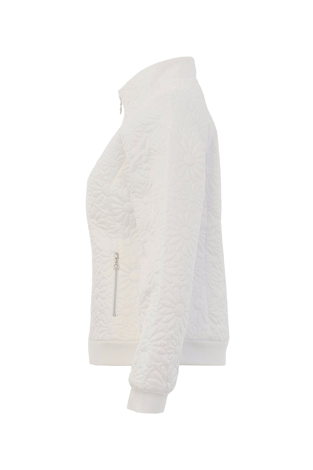 A white quilted jacket with a stand-up collar and a vertical zippered pocket on the side, shown from a side profile view against a plain white background.
