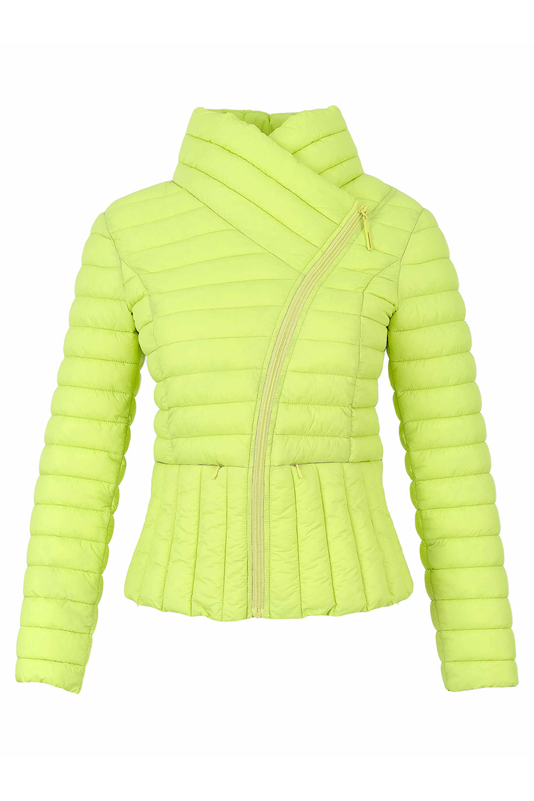 A bright lime green quilted puffer jacket with a high wrap collar and diagonal zipper, shown against a plain white background.