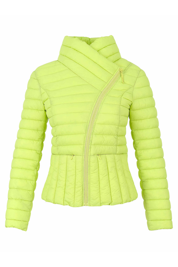 A bright lime green quilted puffer jacket with a high wrap collar and diagonal zipper, shown against a plain white background.