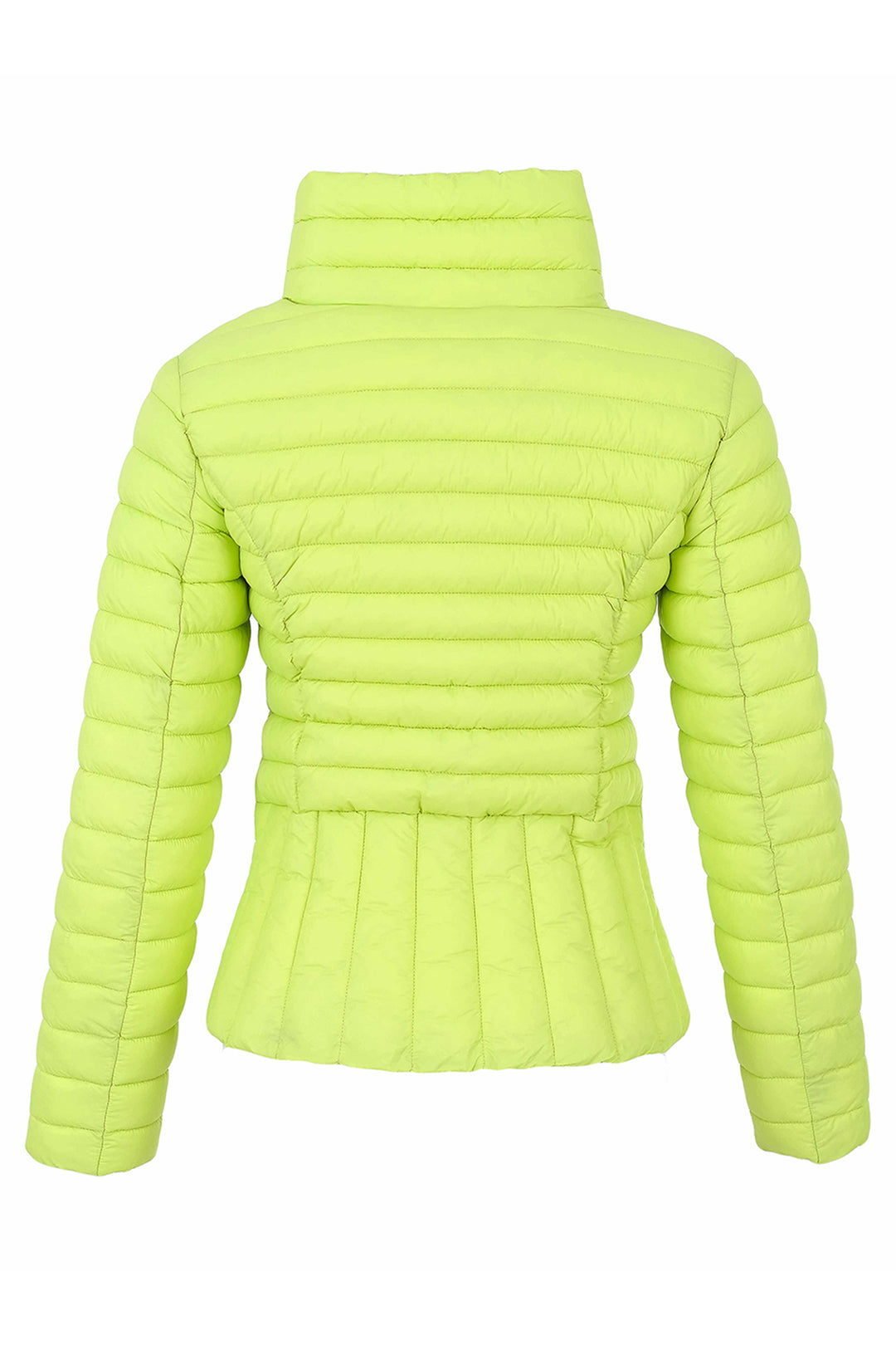 A bright neon yellow-green quilted puffer jacket with a high mock neck and long sleeves, shown from the back on a plain white background.