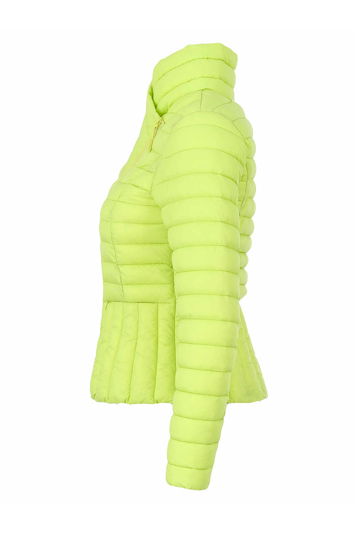 A bright neon yellow-green puffer jacket shown in a side profile view against a plain white background.