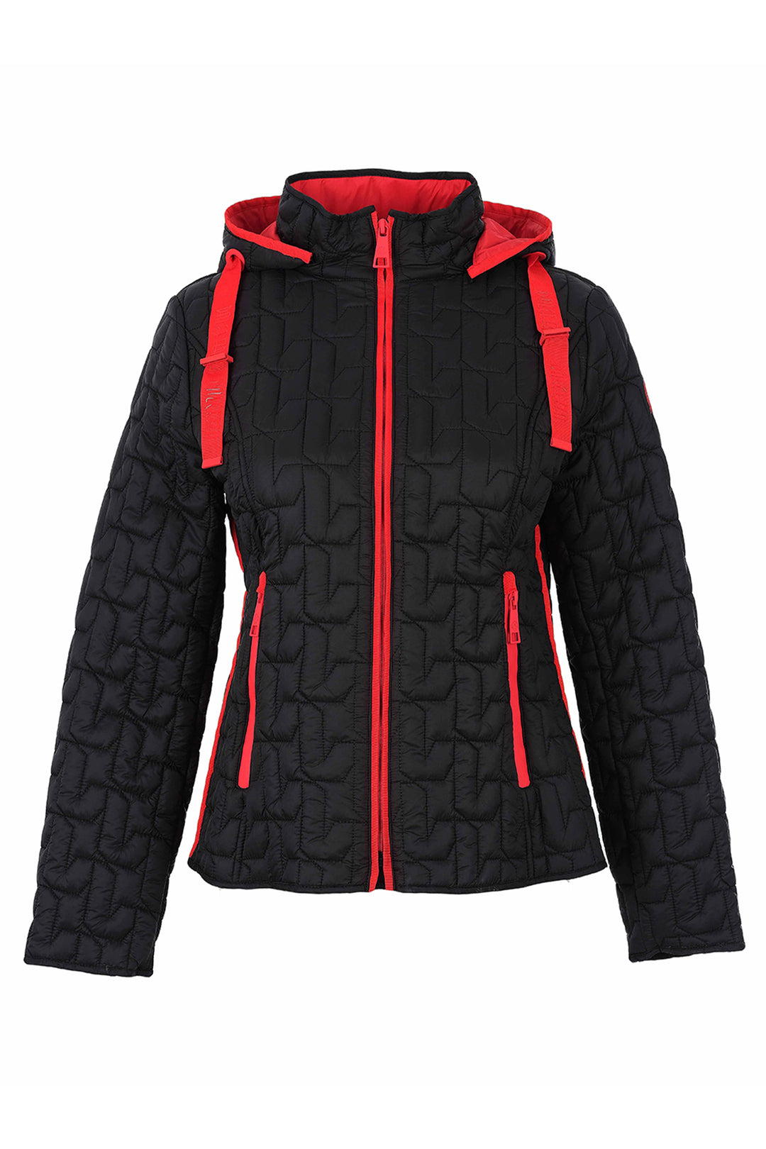 A black quilted hooded jacket with bright red accents, including the hood lining, zipper, drawstrings, and zippered side pockets, shown against a plain white background.