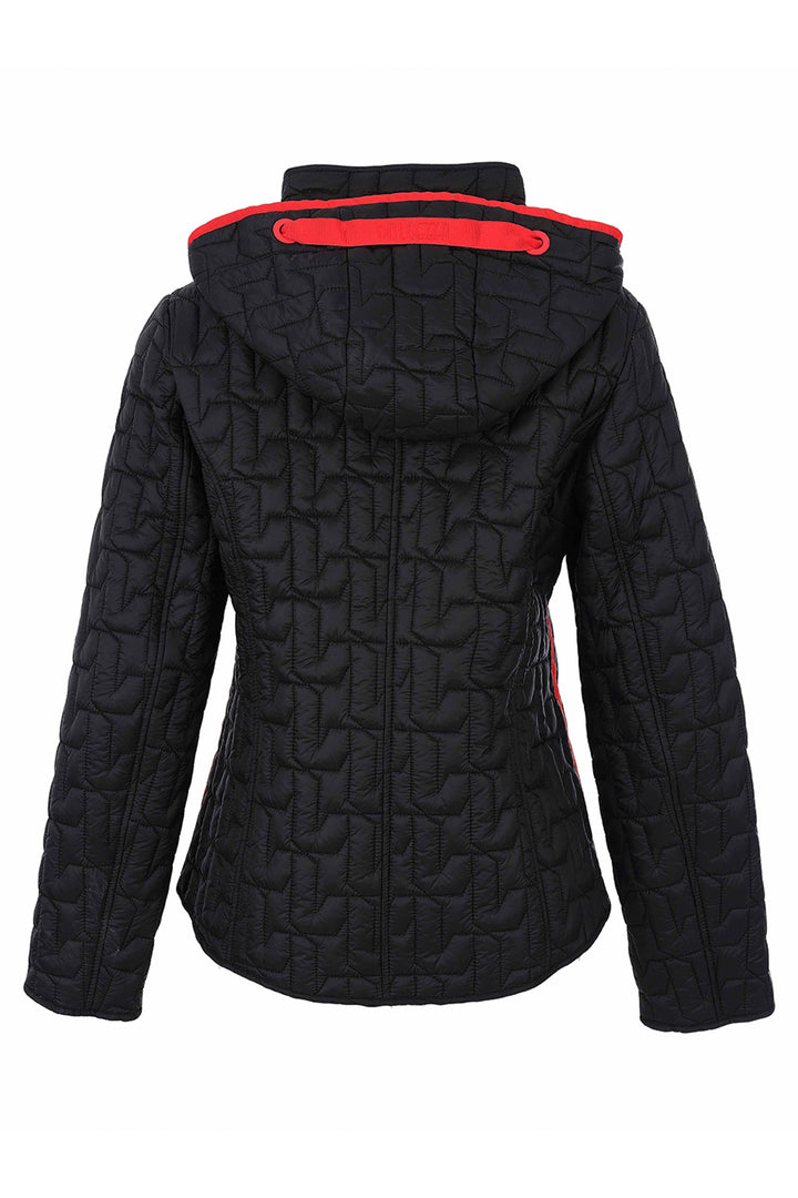 Black quilted hooded jacket with a geometric pattern and a bright red inner hood lining, shown from the back on a white background.