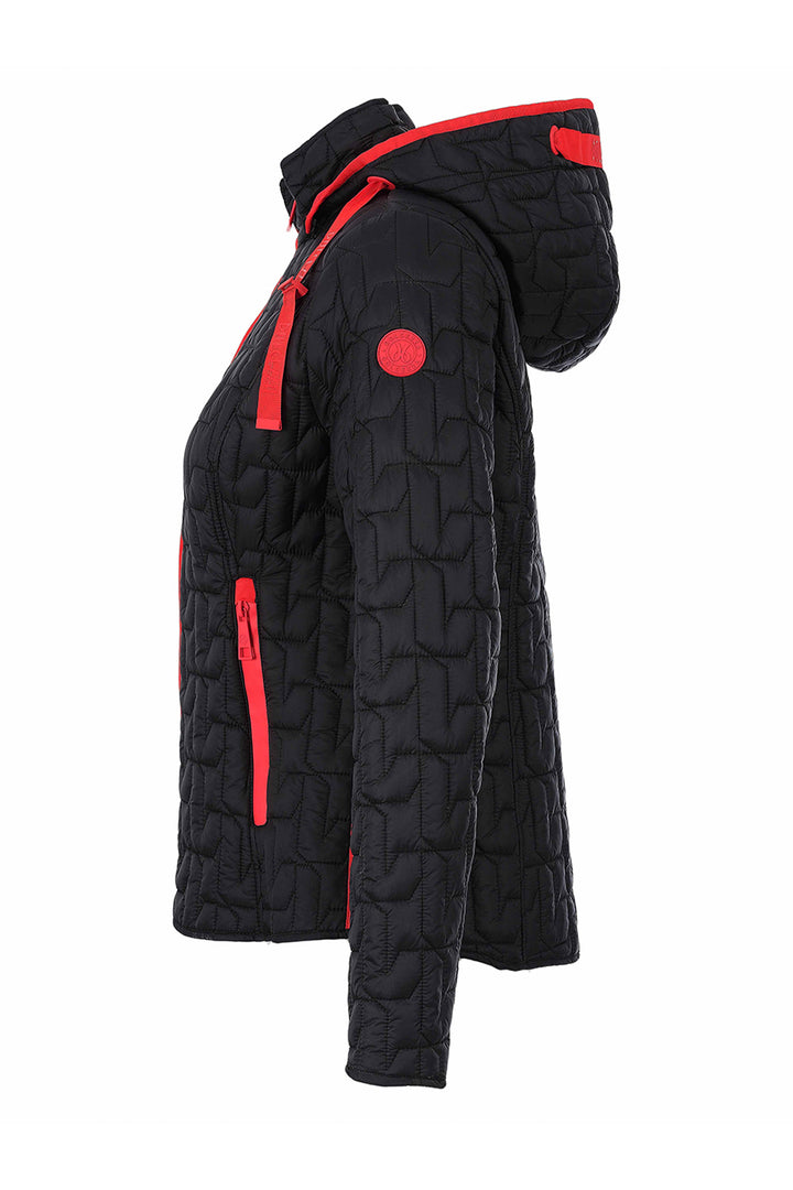 A black quilted hooded jacket with vibrant red accents, including zippers, trim, and a circular logo patch on the upper sleeve, shown in a side profile view against a plain white background.