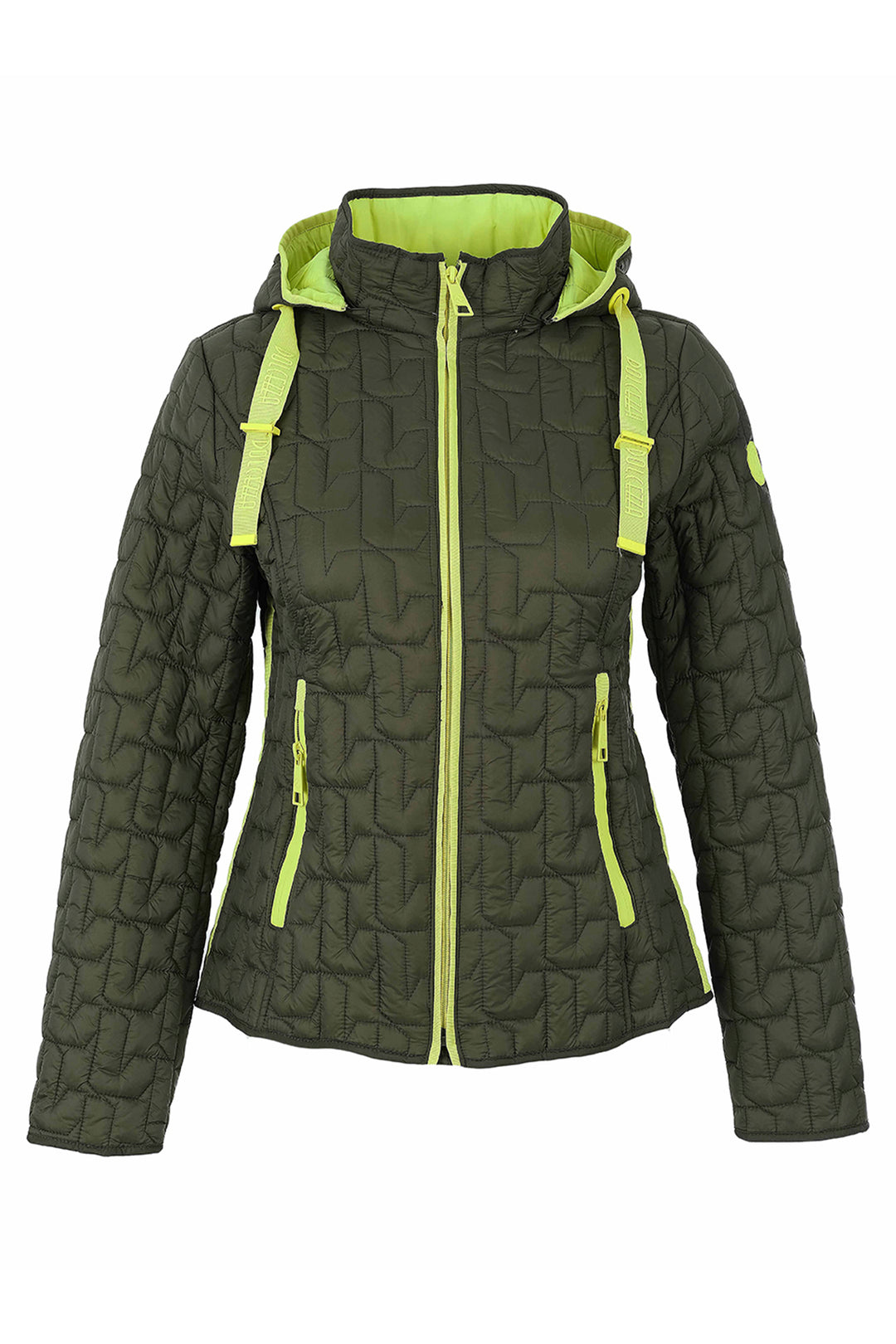 An olive green quilted hooded jacket with bright neon yellow-green accents on the hood lining, zipper, and drawstrings, shown against a plain white background.