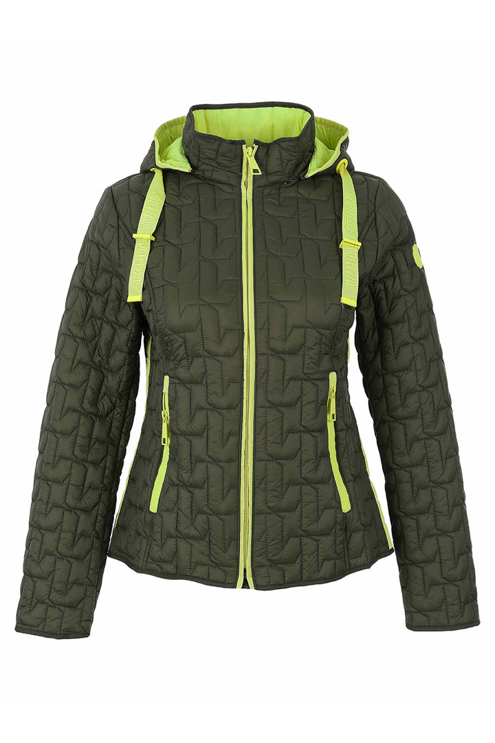 An olive green quilted hooded jacket with bright neon yellow-green accents on the hood lining, zipper, and drawstrings, shown against a plain white background.