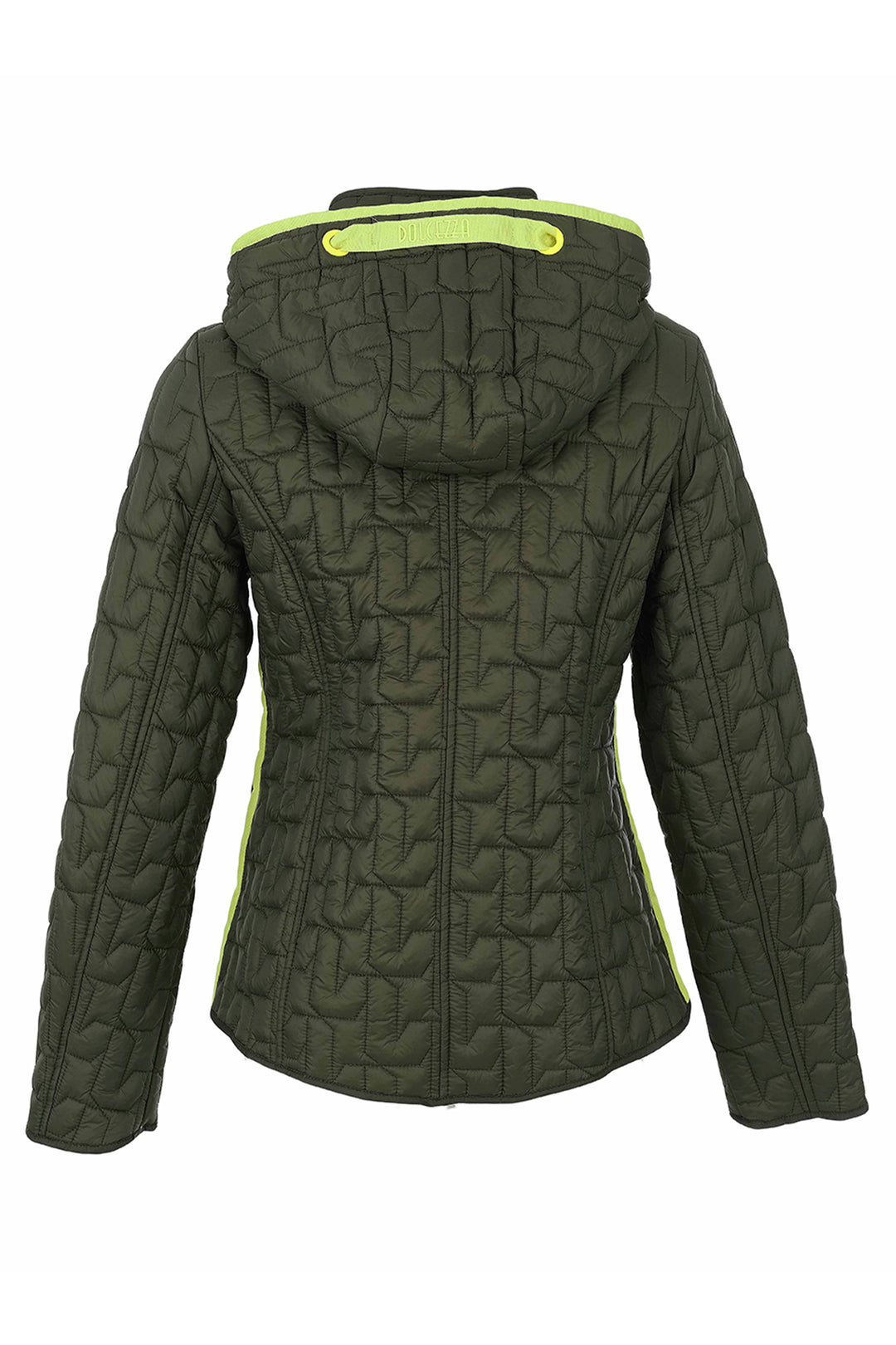 An olive green quilted hooded jacket shown from the back, featuring a distinctive geometric quilted pattern and bright lime green accents along the hood lining and side seams.