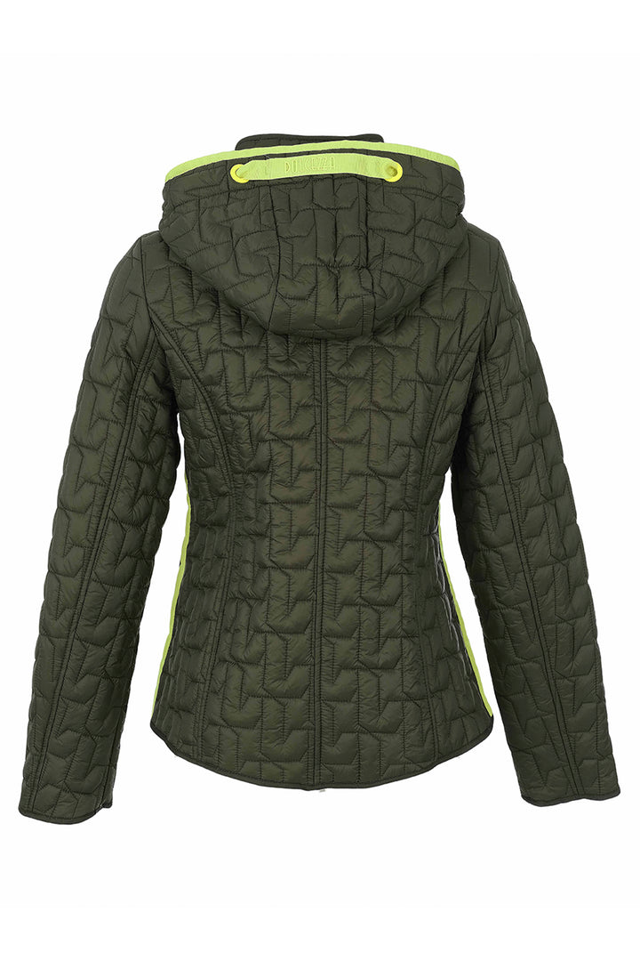An olive green quilted hooded jacket shown from the back, featuring a distinctive geometric quilted pattern and bright lime green accents along the hood lining and side seams.