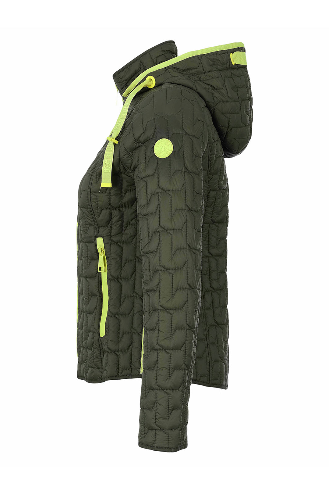 An olive green quilted hooded jacket with bright neon yellow-green accents on the hood, zipper, and chest, shown from a side profile view on a white background.