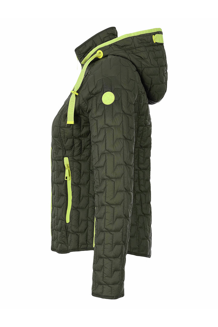 An olive green quilted hooded jacket with bright neon yellow-green accents on the hood, zipper, and chest, shown from a side profile view on a white background.