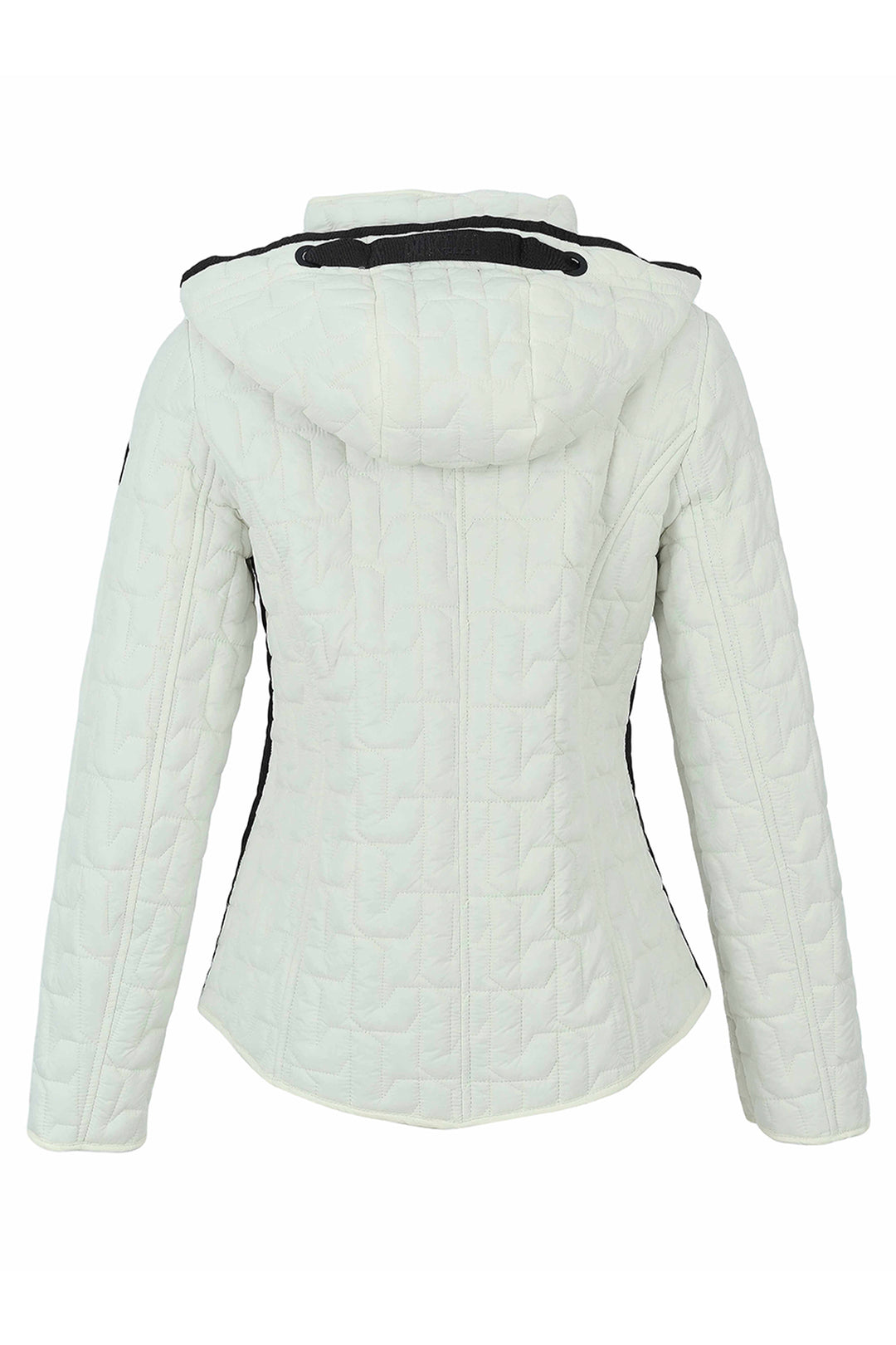 A white quilted hooded jacket shown from the back, featuring a textured quilted pattern and black trim along the hood and side seams.