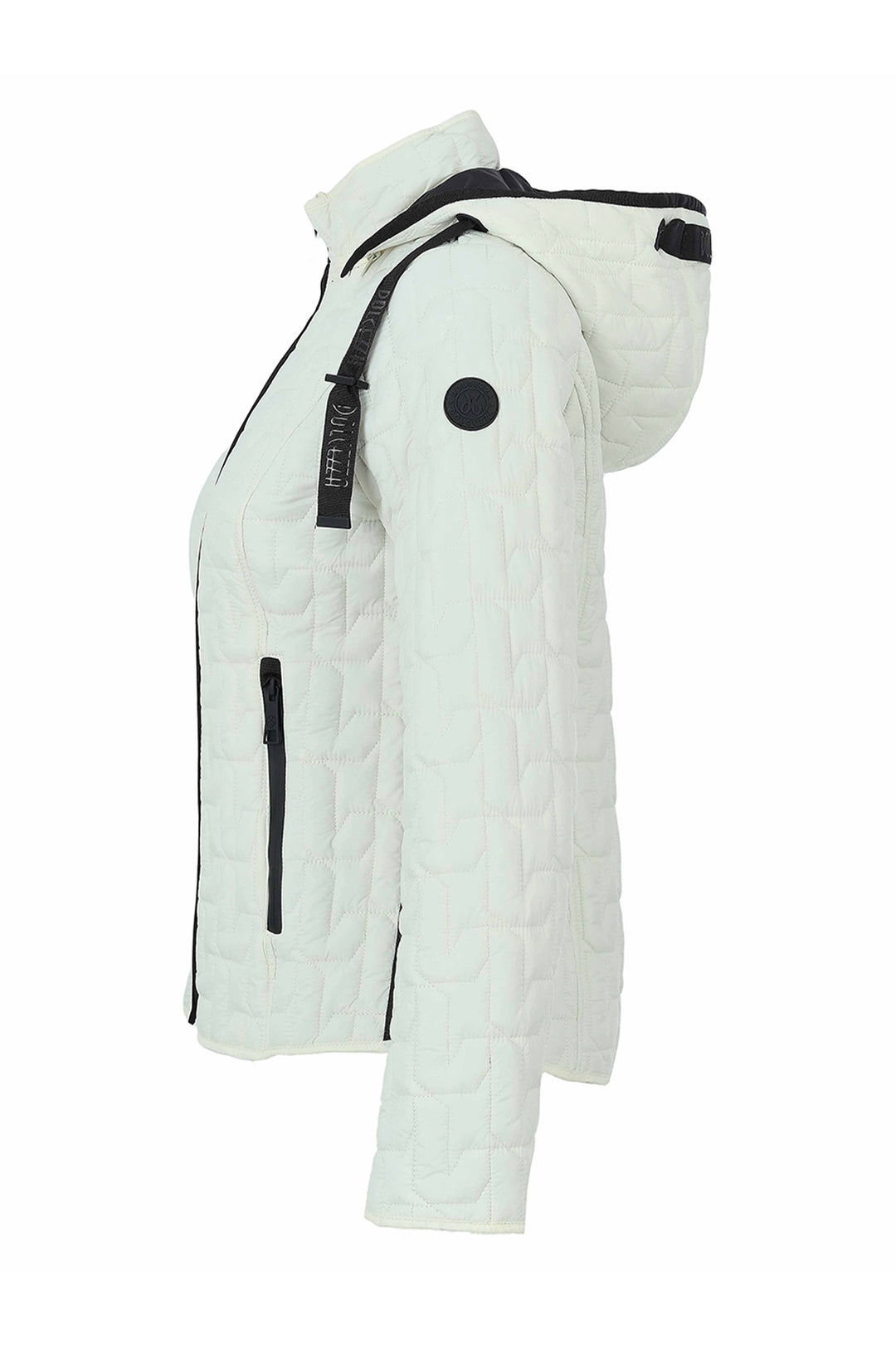 A white quilted hooded jacket with black zipper details and a black circular logo patch on the upper sleeve, shown from a side profile view against a plain white background.
