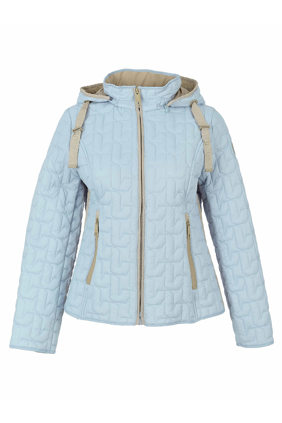 A light blue quilted hooded jacket with beige trim and zipper details, shown against a plain white background.