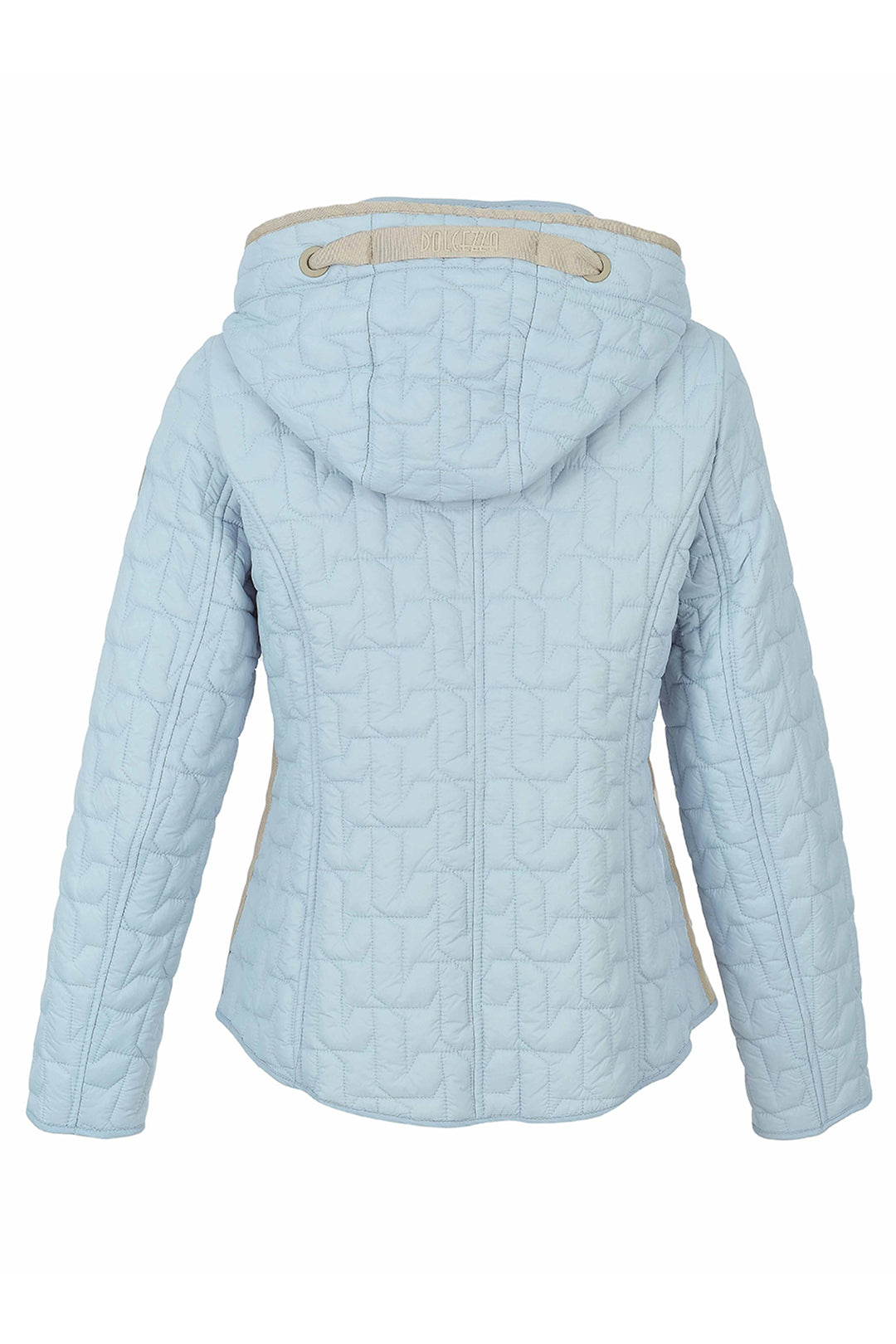 A light blue quilted hooded jacket shown from the back, featuring a geometric quilted pattern and beige lining details on the hood and sides.