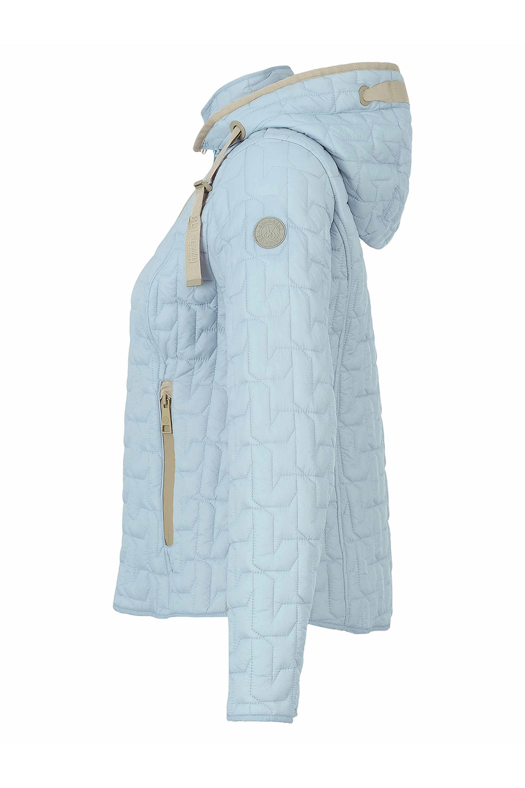 A light blue quilted hooded jacket with beige trim details, shown in a side profile view against a plain white background.