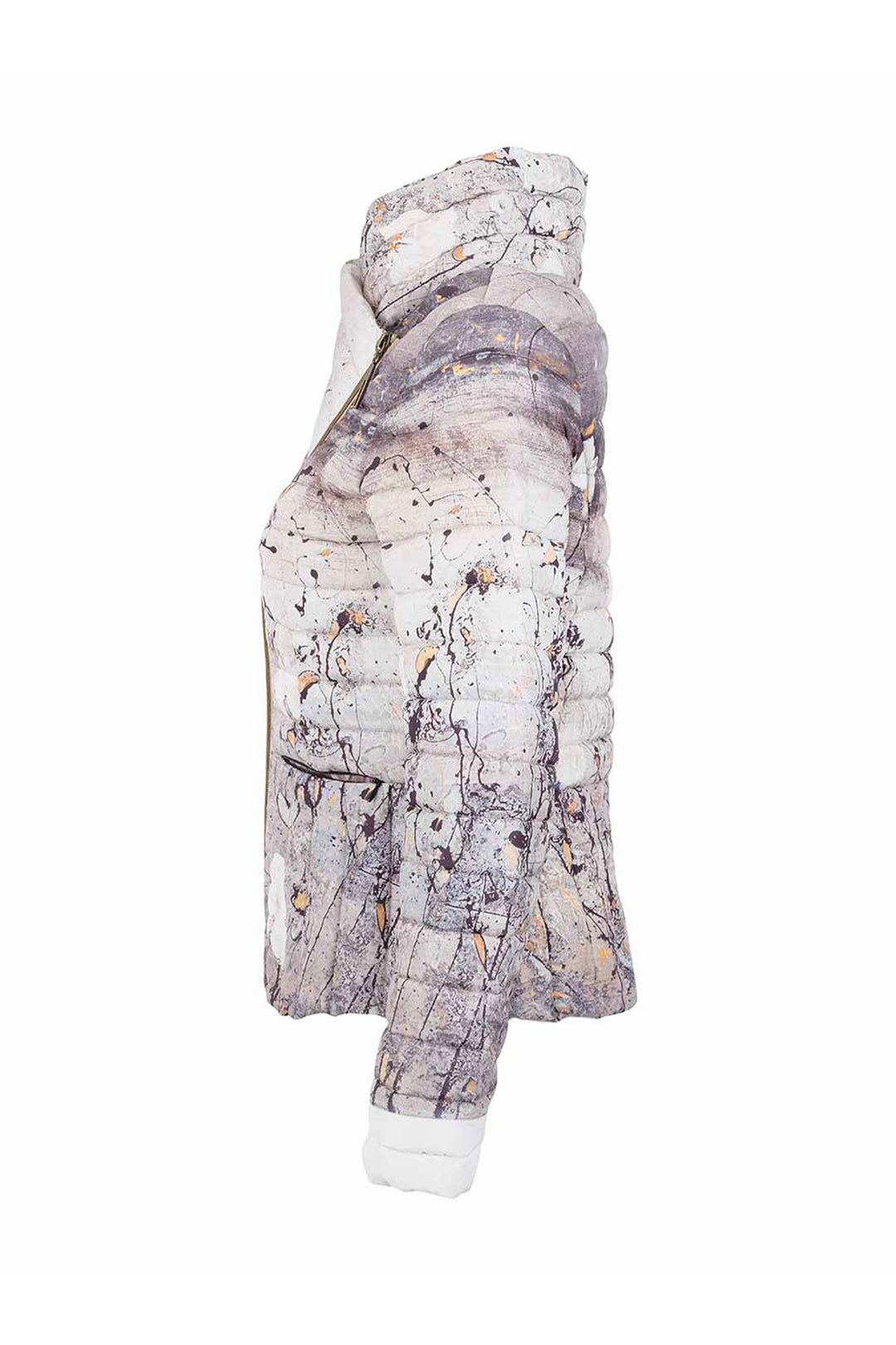 A puffer jacket with an abstract art print in shades of gray, white, and black, featuring a white ribbed hem, shown from a side profile on a white background.