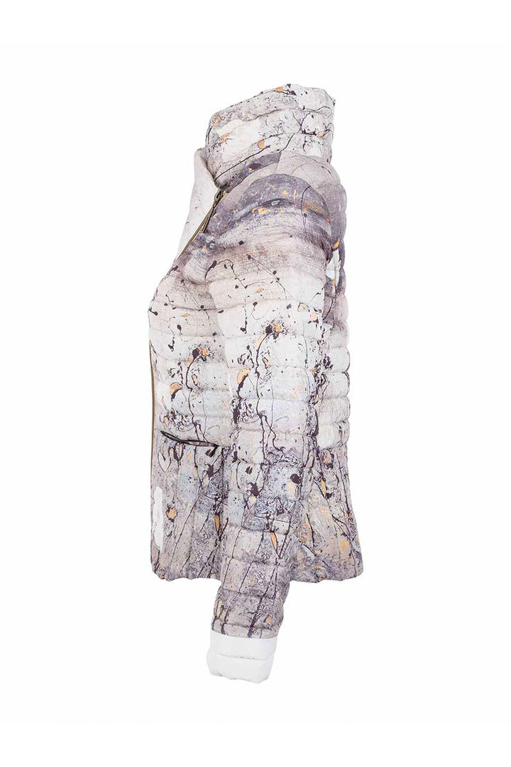 A puffer jacket with an abstract art print in shades of gray, white, and black, featuring a white ribbed hem, shown from a side profile on a white background.