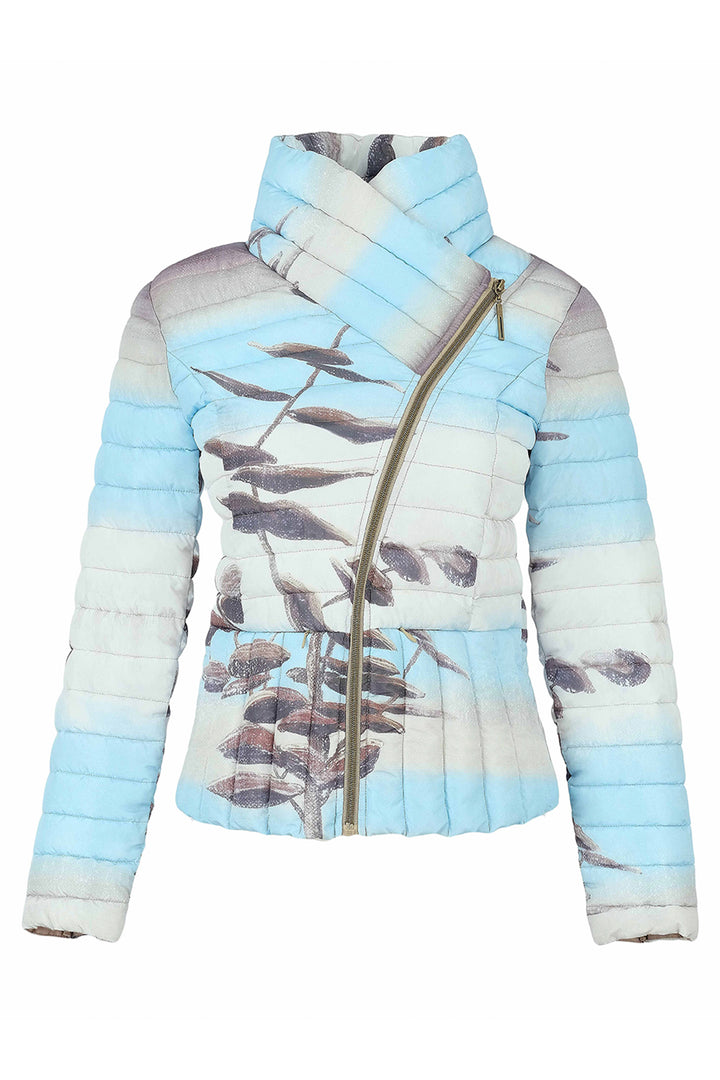 A light blue and white striped quilted jacket with a brown leaf branch print and a gold zipper, shown against a plain white background.