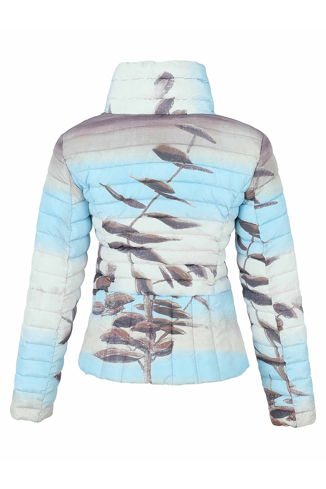 A light blue and white quilted puffer jacket featuring a printed botanical pattern of brown leaves and branches, shown from the back against a white background.