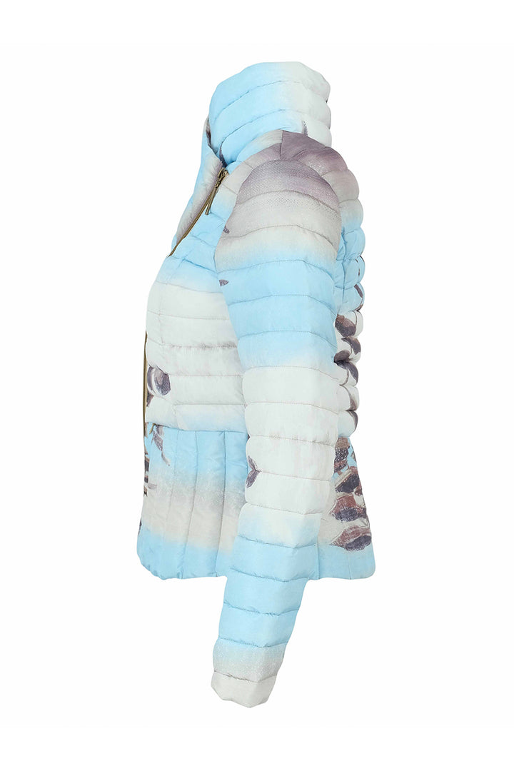 A light blue and white gradient puffer jacket with a hood, shown from a side profile view against a plain white background.