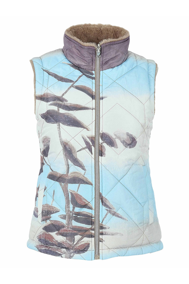 A sleeveless quilted vest with a high collar, featuring a light blue and white background with a printed pattern of brown birds perched on branches. The collar lining is brown, and a silver zipper runs down the front.