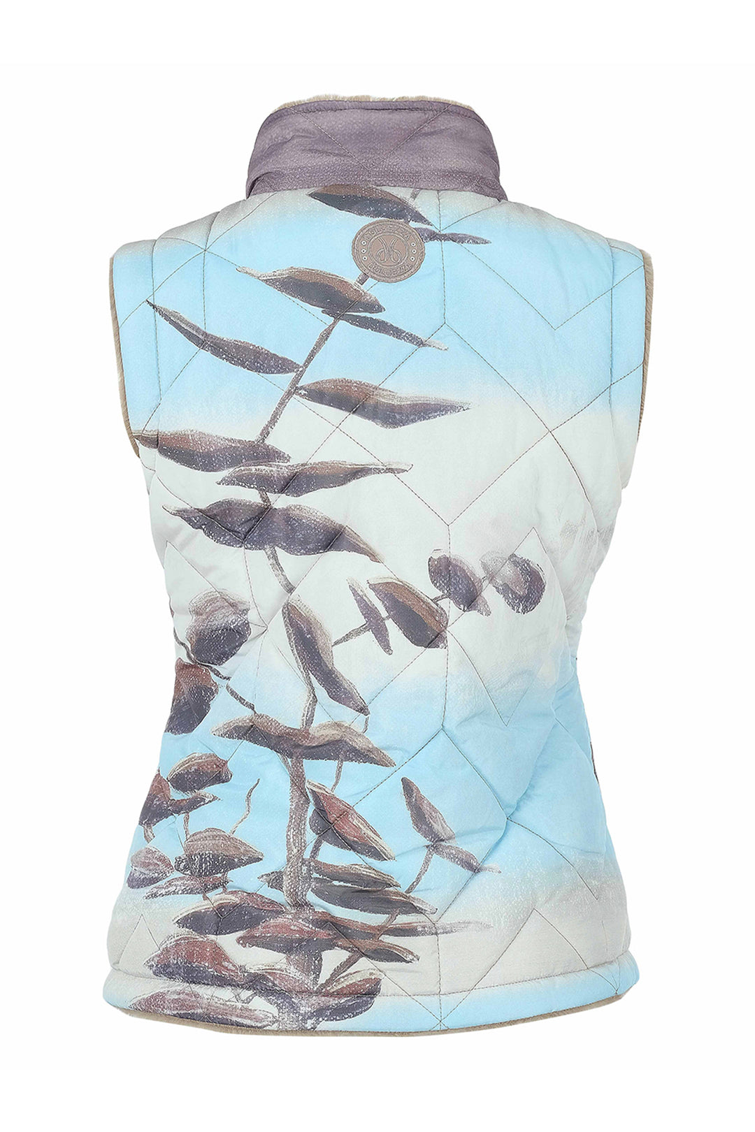 A sleeveless quilted vest with a high collar, featuring a printed design of brown eucalyptus branches against a light blue and white background, shown on a plain white studio background.
