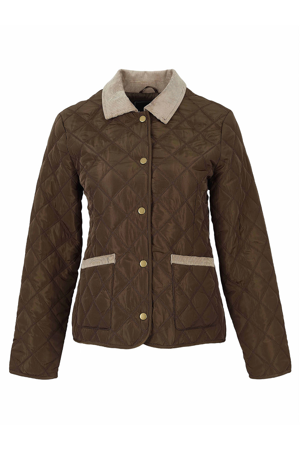 A women's quilted jacket in dark brown with a contrasting beige fleece collar and matching beige trim on the pockets, featuring gold-tone buttons.