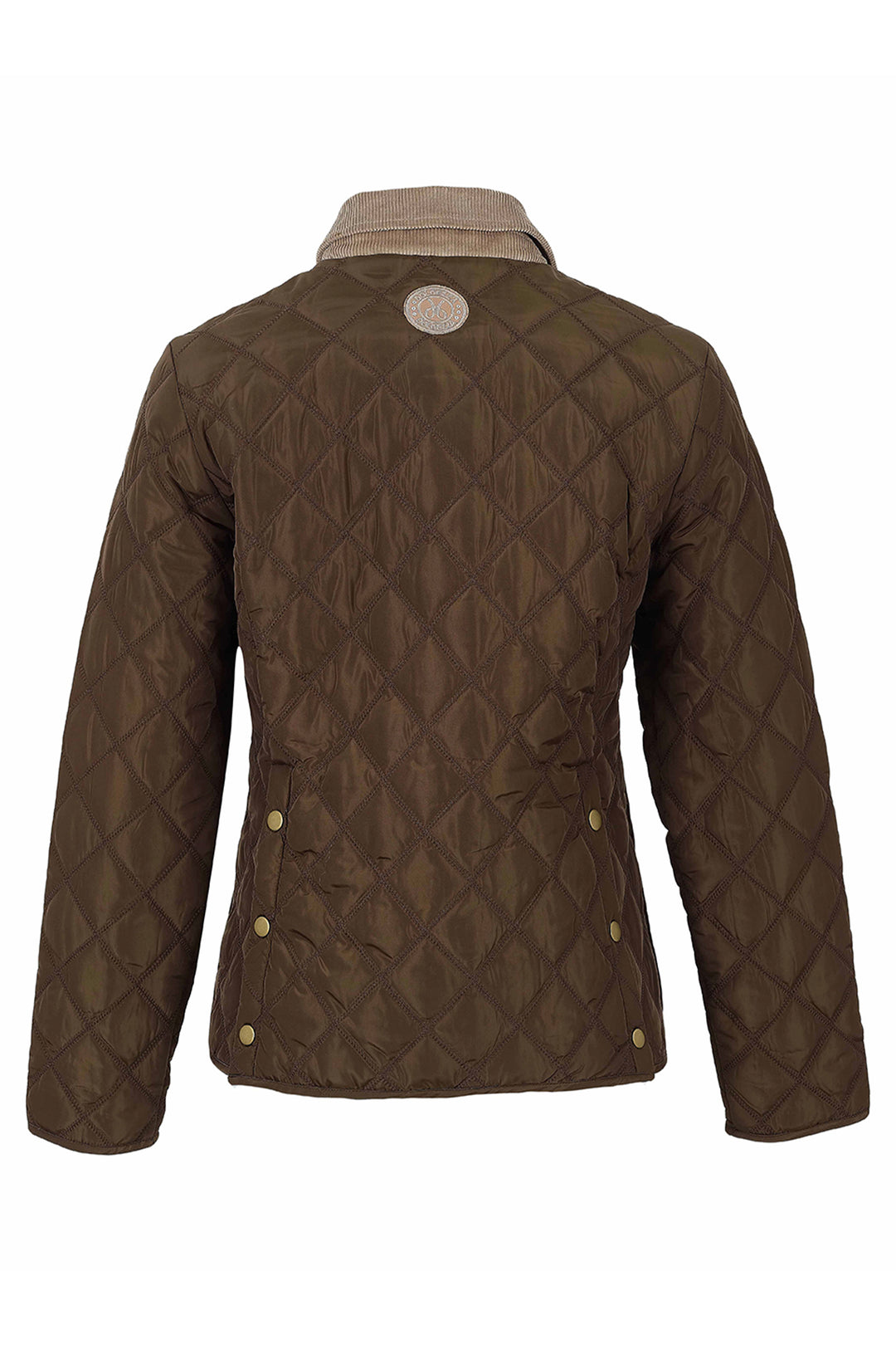 A brown diamond-quilted jacket shown from the back, featuring a beige collar and brass snap buttons, set against a plain white background.